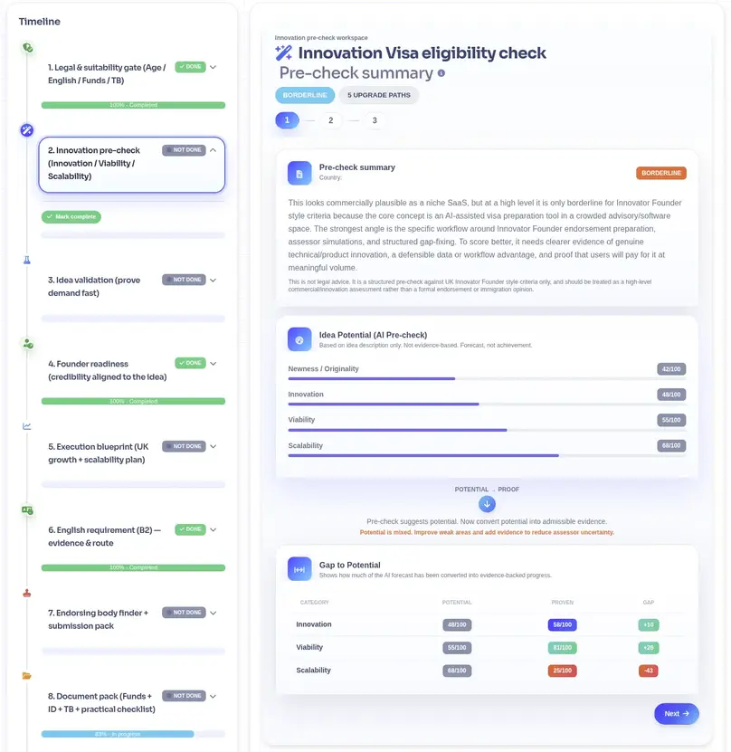 AI-powered pre-check estimating Innovator Founder Visa readiness