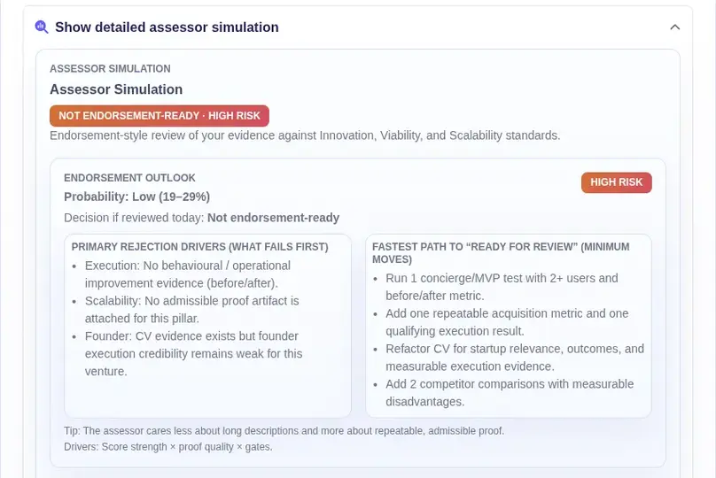 Assessor-style simulation predicting endorsement outcome